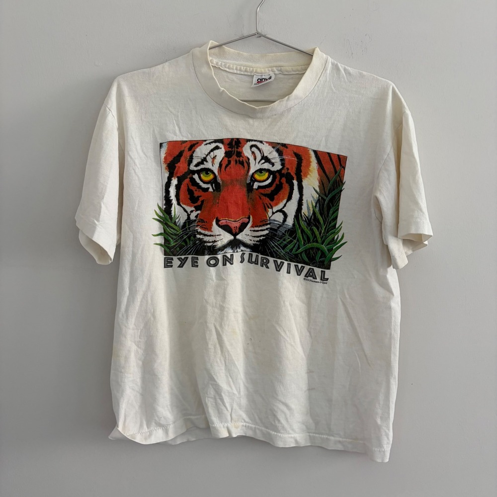 Vintage 90s Anvil Eye On Survival Tiger Graphic T-Shirt White Medium USA Made